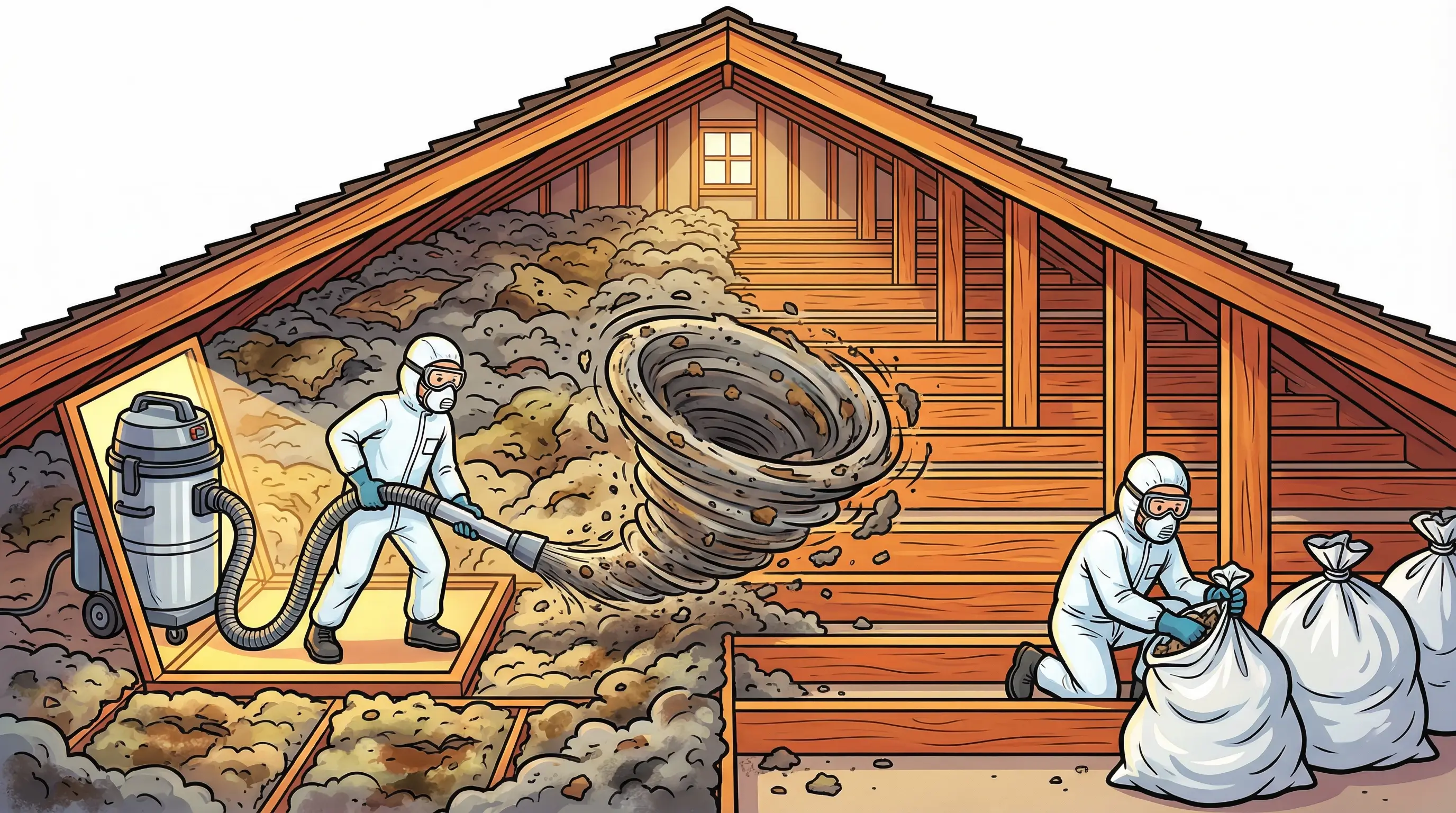 Workers in protective suits vacuuming out old attic insulation